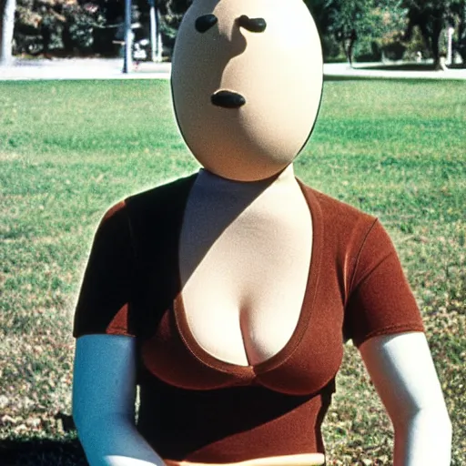 Image similar to 1981 woman on tv show wearing a squishy inflatable prosthetic mask long stick nose, soft color wearing a leotard at the park 1981 color film 16mm holding a an inflatable animal Fellini John Waters Russ Meyer Doris Wishman old photo