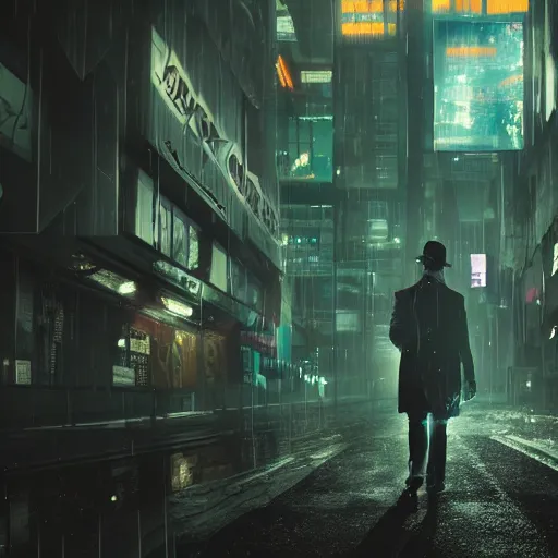 Prompt: A detective in trench coat falling out of a building while holding a gun, shattered glass, cyberpunk, futuristic, technology , cinematic lighting, depth of field, highly detailed, volumetric fog, dark, moody, gritty, rain, neon lights