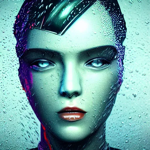 Prompt: stylish cartoon portrait made out of rain, cyberpunk background, rendered in octane, unreal engine, highly detailed, trending on artstation, realistic, splashes of neon, beautiful, volumetric lighting, depth of field, glowing eyes