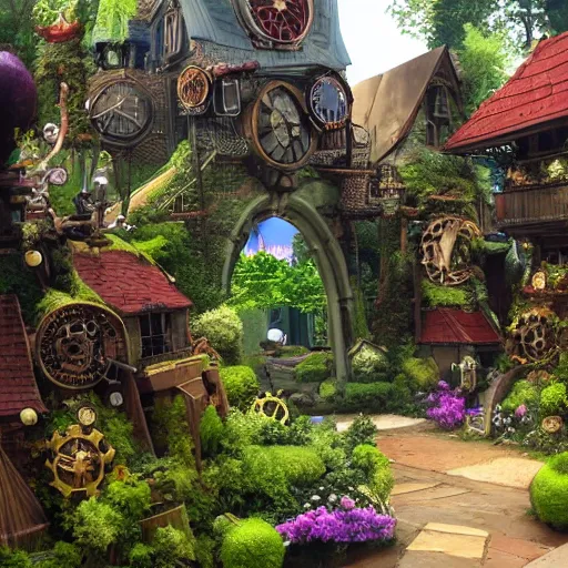 Prompt: fantasy gardens in steampunk city