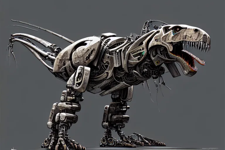 Image similar to trex in a cyborg mech suit, by alexandre ferra, zezhou chen, peter gric, mohamed reda and hr giger, hyper detailed, screen print, character concept art, hyperrealism, coherent, cgsociety, zbrush central, behance hd, hypermaximalist