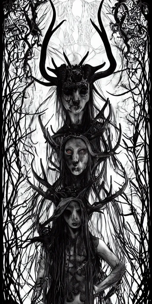 Image similar to intense glowing black metal pagan god with antlers and blood and intense glowing eyes with a goat skull in very dark forest by marco mazzoni and alphonse mucha, portrait, fantasy, clear, red and black and white, light beams, lens flare, intense, uhd, amazing depth, cinematic lighting