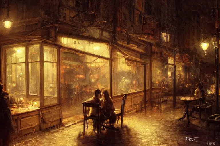 Image similar to Inside small cafe at night , moody scene, highly detailed, intricate, sharp details, dystopian mood, 1950 scene by gaston bussiere, craig mullins, somber lighting, drawn by Giacomo Burattini, inspired by graphic novel cover art, hyperrealistic, 8k by RHADS