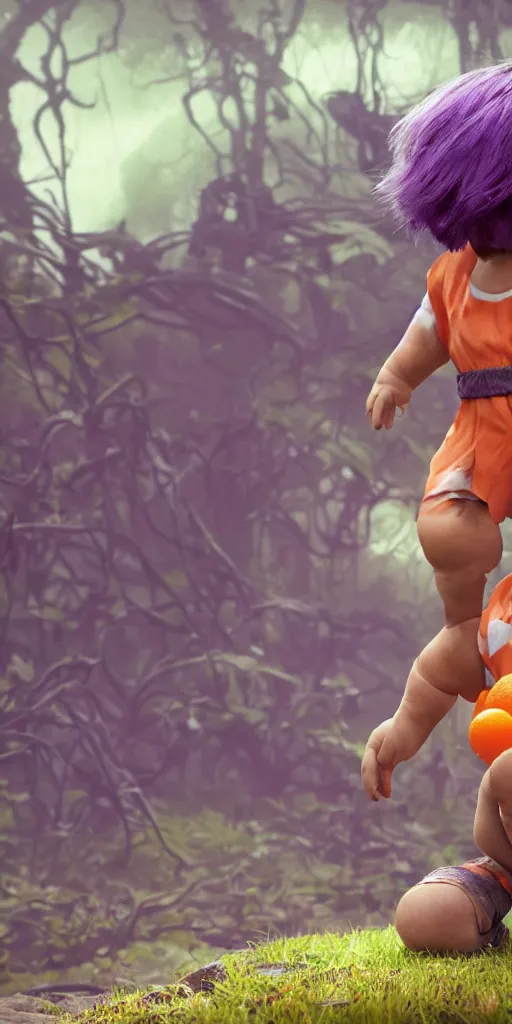 Prompt: little boy with purple hair wearing an orange and white striped outfit, surrounded by a green forrest, moody , lovecraft, giger, ridley scott, zack snyder, Fenghua Zhong, realistic cinematic lighting, establishing action shot, ultra detailed, hyper realism, photo, octane render