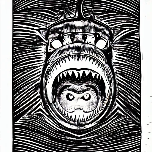 Prompt: illustration of an angler fish, in the style of robert geronimo, deep sea, large mouth filled with pointed teeth, stylized linework, ornamentation, artistic, color