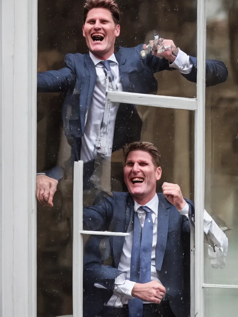 Prompt: Sir Kier Starmer laughing as he punches a window