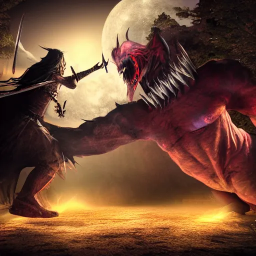 Image similar to Fight between a powerful demon and a knight, painting, volumetric lighting, moon light, , beautiful details, HDR, , action shot, wide angle, horror theme,