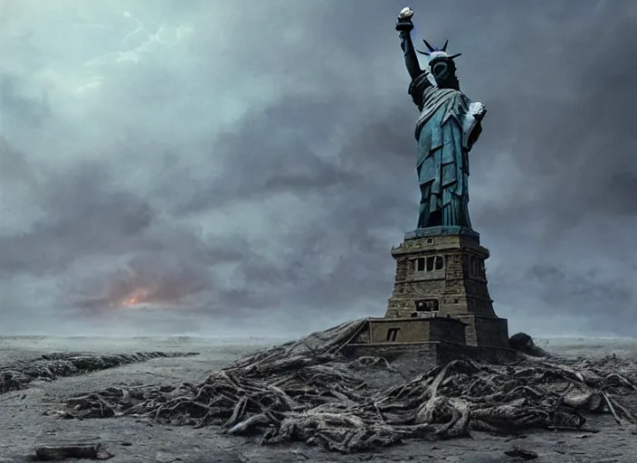 Image similar to a Photorealistic dramatic hyperrealistic render of a ruined destroyed decayed statue of liberty on a desolate beach in a post-apocalyptic world, futuristic nuclear apocalyptic planet of the apes vibe, by WLOP and Artgerm and Greg Rutkowski and Alphonse Mucha, Beautiful dynamic dramatic dark moody lighting, shadows, cinematic atmosphere, Artstation, concept design art, Octane render, 8K, masterpiece