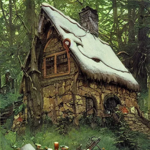 Image similar to witch cottage in the forest, art by norman rockwell and donato giancola and greg rutkowski, vintage art, realistic