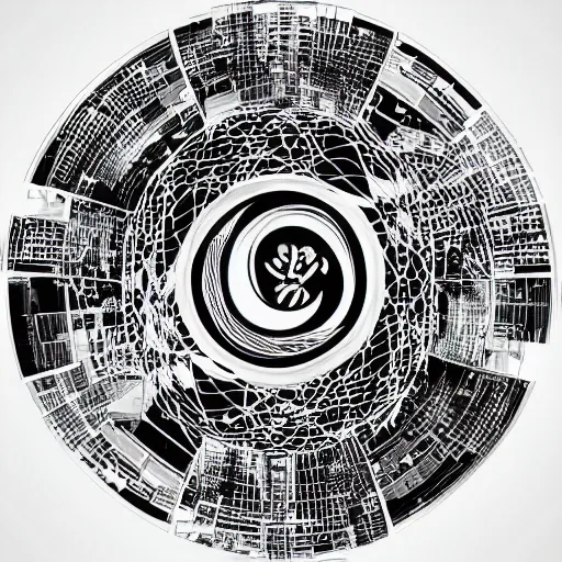 Image similar to a faint yin - yang daoist symbol superimposed on the futuristic cityscape in a utopian well - organized society, black and white multiscale