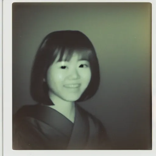 Image similar to polaroid of a young japanese woman on at night, smiling gently