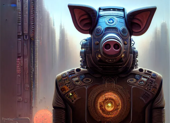 Prompt: portrait shot of a cyberpunk robot pig, intricate, elegant, highly detailed, centered, digital painting, artstation, concept art, smooth, sharp focus, illustration, artgerm, tomasz alen kopera, peter mohrbacher, donato giancola, joseph christian leyendecker, wlop, boris vallejo