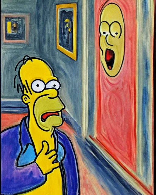 Prompt: a painting of homer simpson in the scream by edvard munch
