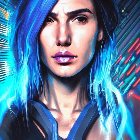 Prompt: “hiperrealist close up portrait of cyberpunk Gal Gadot with blue hair, digital art, concept art, neon colors, studio lightning, high contrast, sharp focus, ultra high detail, photorealist, Artstation HQ, DeviantArt, cybernetics, techwear, urban samurai, netrunner, Shadowrun, Cyberpunk 2077, Deus Ex, 8k UHD, Unreal Engine 5”