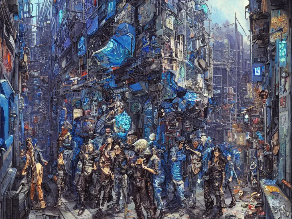 Image similar to a cyberpunk gang in the alleyway between buildings, graffiti, fine detail, intricate, polished, smooth, ultradetailed, blue color scheme, digital art, illustration, impressionist, by john smith and noriyoshi ohrai and george luks