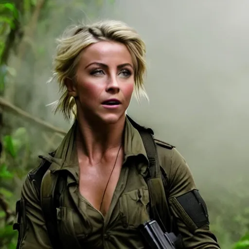 Image similar to cinematic action scene with julianne hough as a commando in the jungle, dramatic smoke, still frame