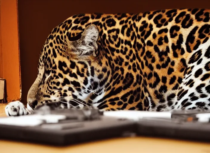 Image similar to photography of a Jaguar Cat . watching outside the window. on a bed. in a 70's room full of vinyls and posters, photorealistic, award winning photo, 100mm, sharp, high res