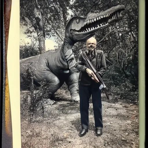 Image similar to old polaroid photo of an old man holding a rifle and standing proudly next to a dinosaur corpse