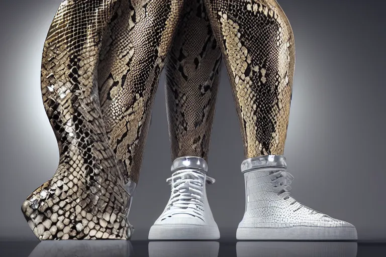 Prompt: one snakeskin hightop sneaker with neon illuminated soles on a white surface, clean 3 d render, beautiful studio lighting, soft, sharp focus, cyberpunk, intricate detail, gold filigree, art by iris van herpen and syd mead