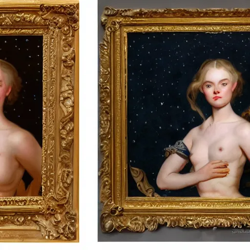 Image similar to leyendecker and peter paul rubens, head and shoulders portrait of a elle fanning, nighttime, dream boat, starry sky, unreal engine, fantasy art by global illumination, radiant light, detailed and intricate environment