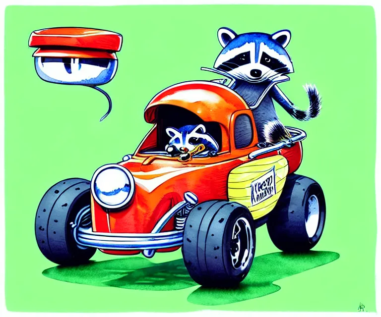 Prompt: cute and funny, racoon wearing a helmet riding in a tiny hot rod with oversized engine, ratfink style by ed roth, centered award winning watercolor pen illustration, isometric illustration by chihiro iwasaki, edited by range murata, details by artgerm