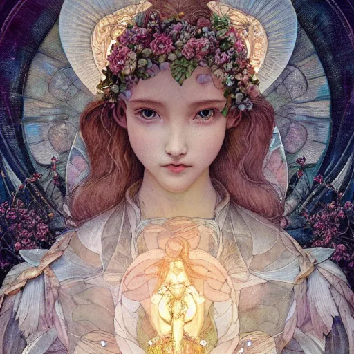 Image similar to aerith gainsborough, intricate, elegant, hyper detailed, finely detailed beautiful angelic symmetry face delicate, smooth, sharp focus, award - winning, masterpiece, in bloom greenhouse, shining light came in through the window, style of tom bagshaw, cedric peyravernay, peter mohrbacher, louis comfort tiffany, victo ngai, 4 k hd illustrative wallpaper