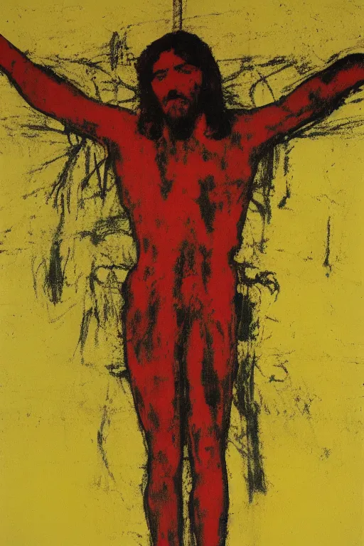 Image similar to bloody jesus christ crucified, yellow sky painted by andy warhol and cy twombly