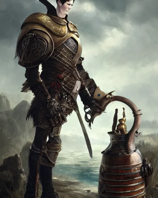 Image similar to Young man, lanky, pale, short black hair, wearing armor made of leather, holding a tankard of ale, digital art, realistic, detailed, trending on artstation, sea in the background