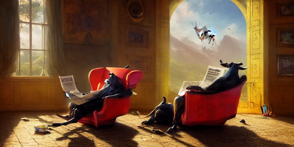 Image similar to a cow in a luxury chair reading the newspaper, vivid colors, beautiful interior, digital art, landscape, fantasy art, octane render, ureal engine, high detail, very realistic, by greg rutkowski. by james gurney