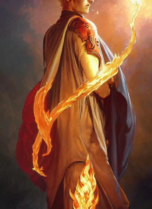 Image similar to young man using fire magic, wearing mages robes, back view, short blond hair, realistic painting by ross tran and gerald brom and alphonse mucha, artgerm, trending on artstation