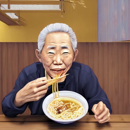 Image similar to an old japanese man eating ramen noodles in a restaurant, photorealistic