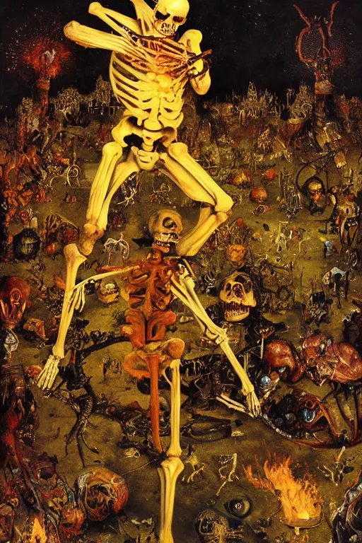 Image similar to a skeleton taming a blazing fire made of souls, channeling third eye energy, surrounded by a background of dark cyber mystic garden of earthly delights, midnight hour, painted part by wojciech siudmak, part by ilya repin, part by norman rockwell, part by hype williams, artstation