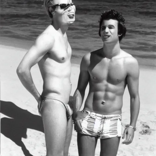 Prompt: an extremely handsome young stud is flirting with another extremely handsome young man at the beach, 1 9 7 5