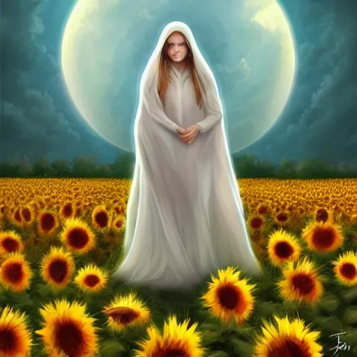 Prompt: Bedsheet Ghost in a field of sunflowers, sunset, highly detailed, digital painting, artstation, concept art, smooth, sharp focus, illustration, art by artgerm