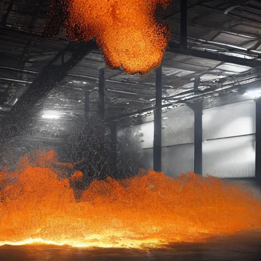 Prompt: a large grimy warehouse interior, a complex stormy black iridescent fluid and ferrofluid intricate tentacles simulation, plasma fire and smoke, photo realistic, epic photography, volumetric lighting, houdini vfx, pheonix fd, simulation 1 0 0 iso, high detail, unreal engine, 7 0 mm wide angle 4 k uhd