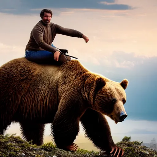 Image similar to a man riding on the back of a brown bear, an album cover by frieke janssens, shutterstock contest winner, american romanticism, majestic, epic, ilya kuvshinov