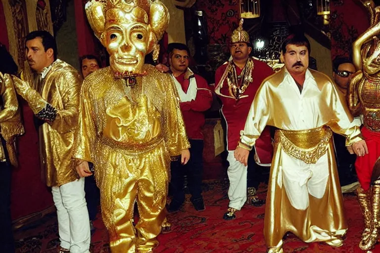 Image similar to el chapo is a genie standing in the middle of a grandiose mexican mansion. everything is made out of gold. the mansion is incredible and ornate. chapo has a clockwork chain. there are princesses and queens everywhere around him because they love him. wearing a genie costume. lovely scene of a genie being a pimp