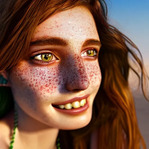 Image similar to portrait of a cute thin young woman, bronze brown hair, eye color is emerald green, red blush, cute freckles, smug smile, modern clothes, relaxing on the beach, golden hour, close up shot, 8 k, art by irakli nadar, hyperrealism, hyperdetailed, ultra realistic