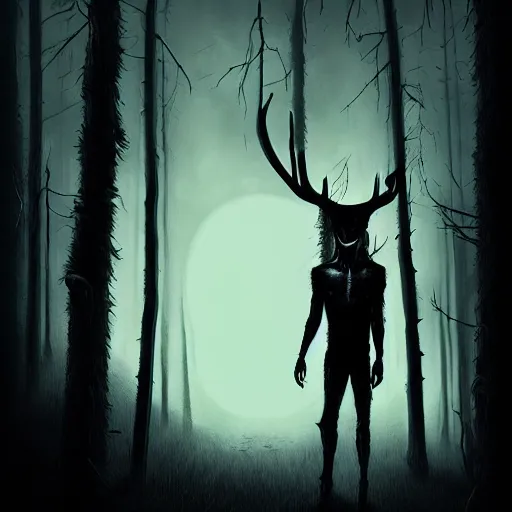Image similar to in the style of artgerm, peter mohrbacker, rafael albuquerque, wendigo in the forest emerging from the shadows, deer skull face, antlers, fog, full moon, moody lighting, horror scary terror