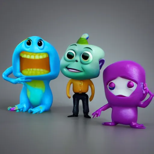 Image similar to single crazy melting plastic toy Pop Figure characterdesign product, C4d, by pixar, by dreamworks, screaming with drooling mouth open, in a Studio hollow, surrounded by flying particles