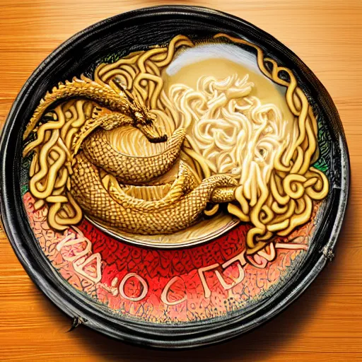 Prompt: dragon eating bowl of ramen in restaurant, traditional restaurant, wooden, candlelit, digital art