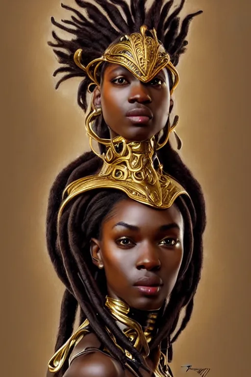 Prompt: full body Portrait of very beautiful african dreadlock hair style woman, leather baroque ornate suite by thierry muggler, holding her helmet, real life skin, intricate, elegant, highly detailed, artstation, concept art, smooth, sharp focus, art by artgerm and greg rutkowski and alphonse mucha