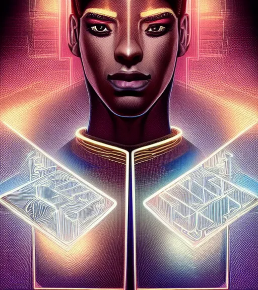 Image similar to symmetry!! egyptian prince of technology, solid cube of light, hard edges, product render retro - futuristic poster scifi, lasers and neon circuits, brown skin man egyptian prince, intricate, elegant, highly detailed, digital painting, artstation, concept art, smooth, sharp focus, illustration, dreamlike, art by artgerm