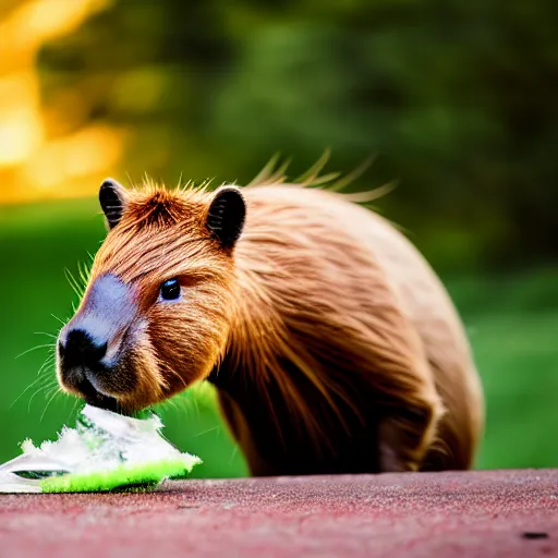 Image similar to cute capybara eating a nvidia gpu with cooling fans, chewing on a graphic card, wildlife photography, bokeh, sharp focus, 3 5 mm, taken by sony a 7 r, 4 k, award winning