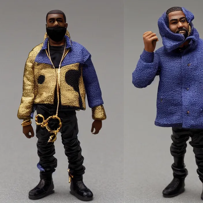 Image similar to a goodsmile figure of kanye west using a black face - covering mask made of cloth with small holes, a blue undersized open puffer jacket, a black shirt underneath, small gold chain, and black rubber boots, figurine, detailed product photo