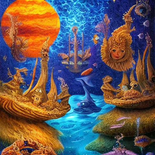 Image similar to highly detailed pleadian towers and worlds with mermaids swimming in the deep with blue hue oil painting