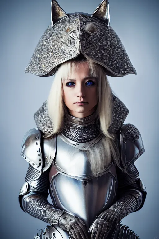 Image similar to female knight wearing a real cat on her head, armor designed by wayne barlowe, swarovski and tiffany, blonde hair, symmetry, sci - fi, cinematic, elegant, luxury, perfect light, perfect composition, dlsr photography, sharp focus, dark fantasy, 4 k, ultra hd, sense of awe, highly detailed, realistic, intricate