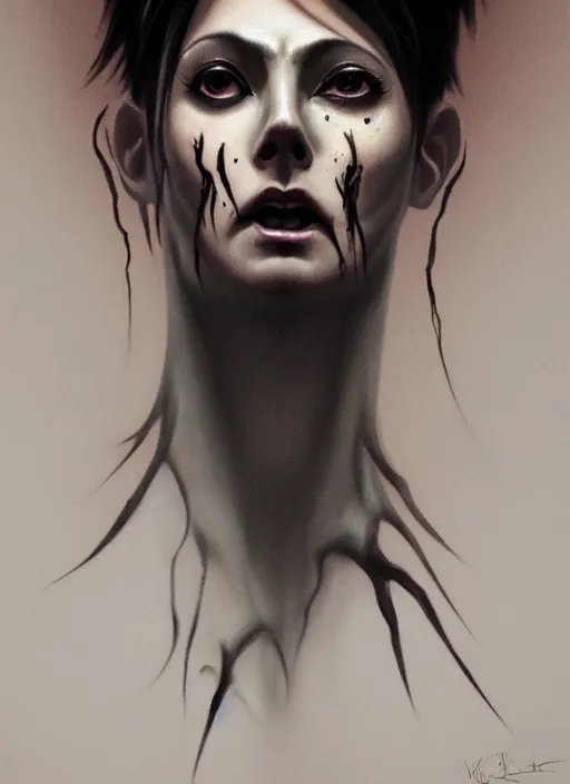 Image similar to dark portrait painting of tracer from overwatch, in style of zdzisław beksinski, scary, horror, 4 k, feminine facial features, overwatch tracer character, horror, body horror, disturbing, detailed face, dressed in dark garment, black tendrils, tall,