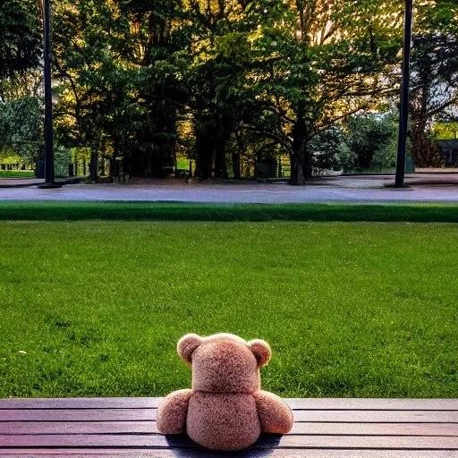 Prompt: a photo of a teddy bear sitting on a park bench, playground in the background, realistic grass, realistic shadows, illuminated by godrays, reflections, 8 k