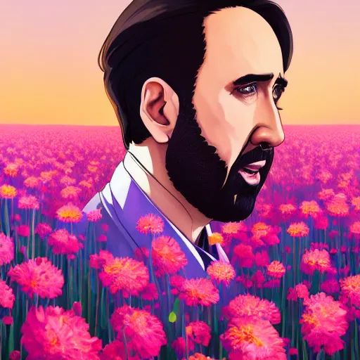 Prompt: a portrait of Nicolas Cage, field of flowers background, rich vivid colors, ambient lighting, dynamic lighting, 4k, official media, anime key visual, makoto shinkai, ilya kuvshinov, lois van baarle, rossdraws, detailed, trending on artstation